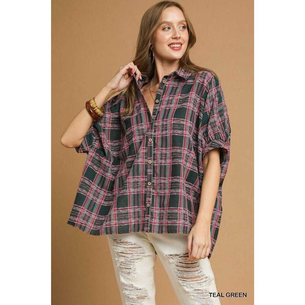 Umgee Women’s Medium Oversized Green & Pink Textured Plaid Blouse